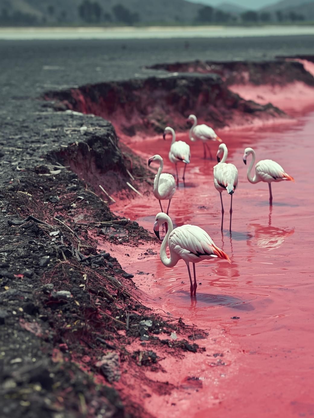 Flamingos wading in the red shallows of Lake Natron